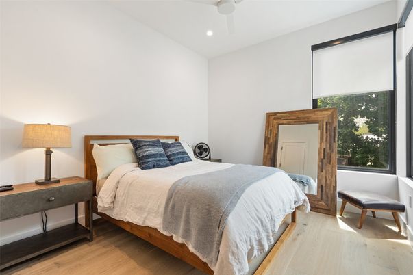 Bedroom, Interior, Recessed Lighting, Wood Texture Flooring