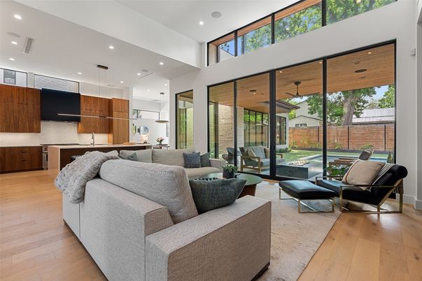 Interior, Kitchen, Living room, Pendant Lights, Recessed Lighting, Wood Texture Flooring