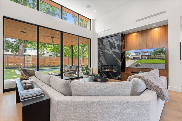 Fireplace, Interior, Living room, Recessed Lighting, Wood Texture Flooring
