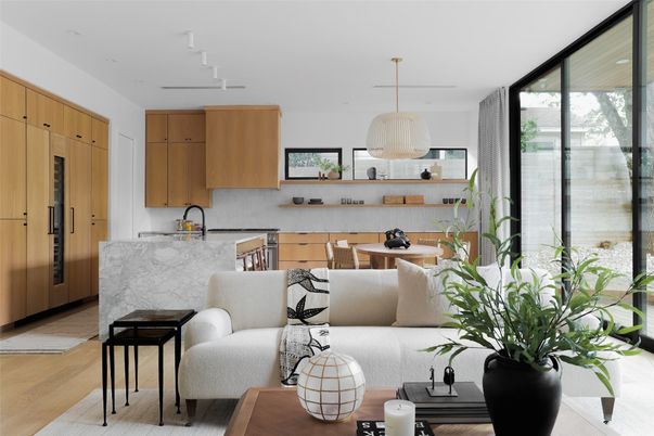 Dining room, Interior, Kitchen, Living room, Marble Walls, Pendant Lights, Wood Texture Flooring