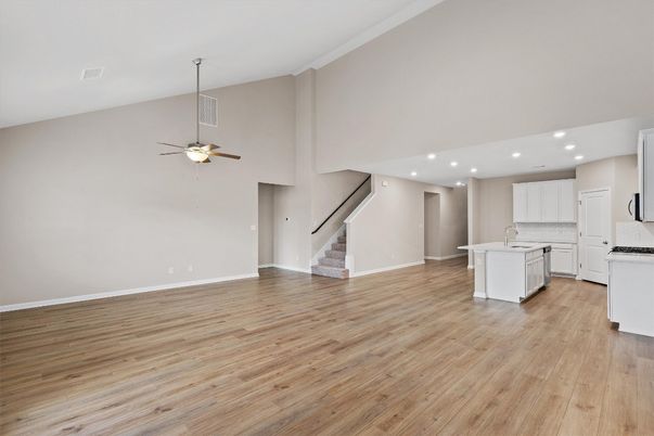 Empty room, Interior, Kitchen, Recessed Lighting, Wood Texture Flooring