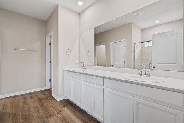 Bathroom, Dual Sink Vanities, Interior, Recessed Lighting, Wood Texture Flooring