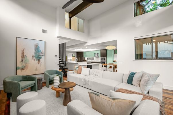 Interior, Kitchen, Living room, Recessed Lighting, Stainless Steel Appliances, Wood Texture Flooring