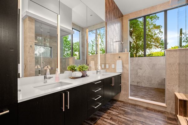 Bathroom, Dual Sink Vanities, Glass Shower, Interior, Wood Texture Flooring