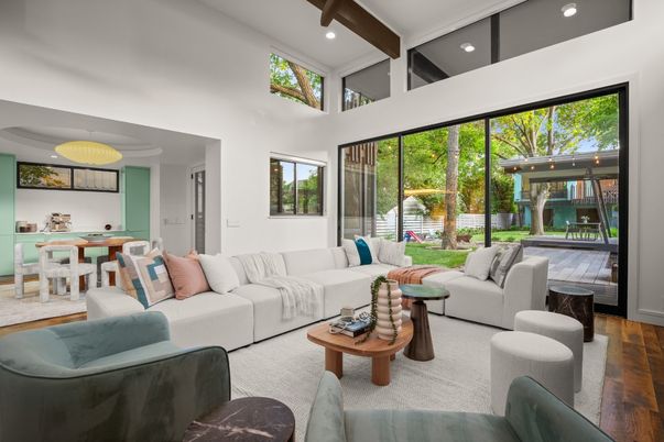 Dining room, Interior, Living room, Pendant Lights, Recessed Lighting, Wooden Beams, Wood Texture Flooring