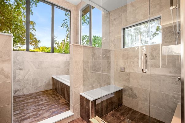 Bathroom, Glass Shower, Interior, Wood Texture Flooring