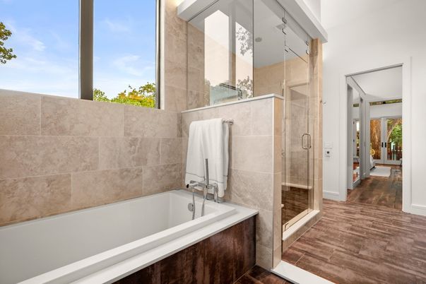 Bathroom, Glass Shower, Interior, Wood Texture Flooring