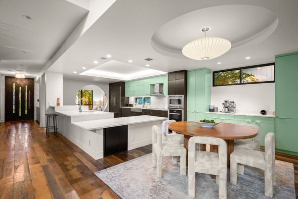 Dining room, Interior, Kitchen, Pendant Lights, Recessed Lighting, Stainless Steel Appliances, Wood Texture Flooring