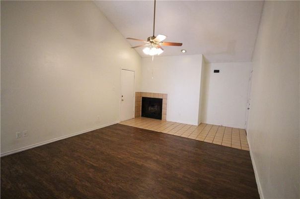 Empty room, Fireplace, Interior, Recessed Lighting, Wood Texture Flooring