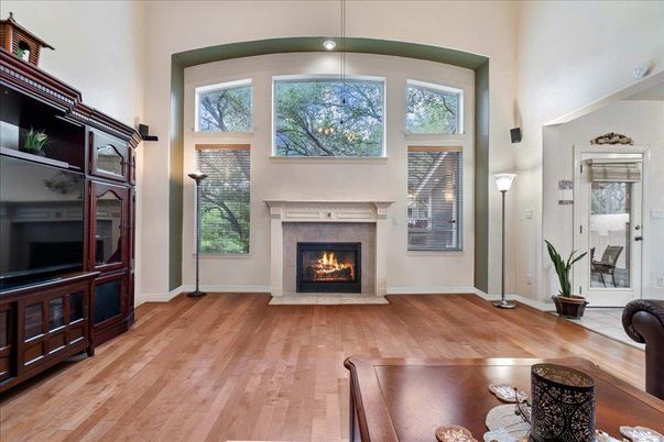Fireplace, Interior, Pendant Lights, Wood Texture Flooring