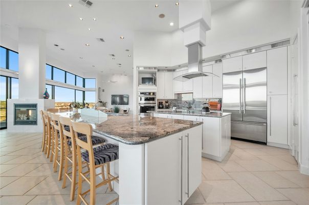 Fireplace, Interior, Kitchen, Recessed Lighting, Stainless Steel Appliances
