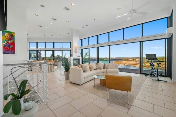 Dining room, Fireplace, Interior, Living room, Recessed Lighting, Water