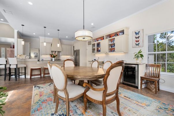 Dining room, Interior, Kitchen, Pendant Lights, Recessed Lighting, Stainless Steel Appliances, Wood Texture Flooring