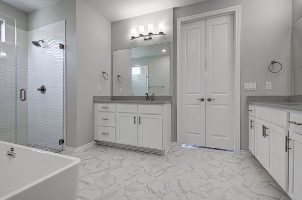 Bathroom, Dual Sink Vanities, Glass Shower, Interior, Marble