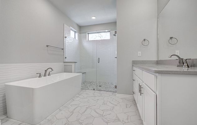 Bathroom, Dual Sink Vanities, Glass Shower, Interior, Marble, Recessed Lighting