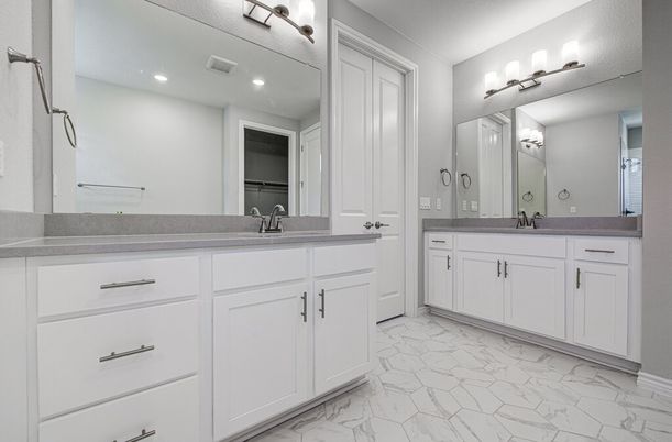 Bathroom, Dual Sink Vanities, Interior, Marble, Recessed Lighting