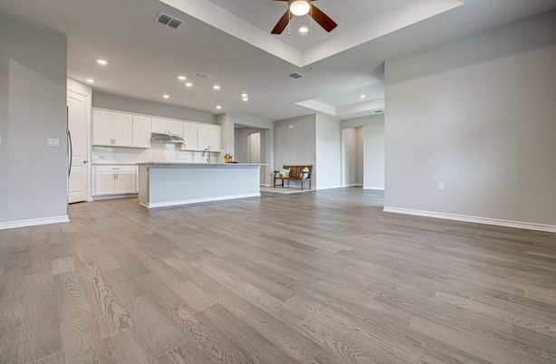 Empty room, Interior, Kitchen, Recessed Lighting, Wood Texture Flooring