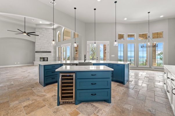 Fireplace, Interior, Kitchen, Pendant Lights, Recessed Lighting, Stone Walls