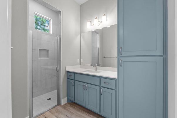 Bathroom, Glass Shower, Interior, Wood Texture Flooring