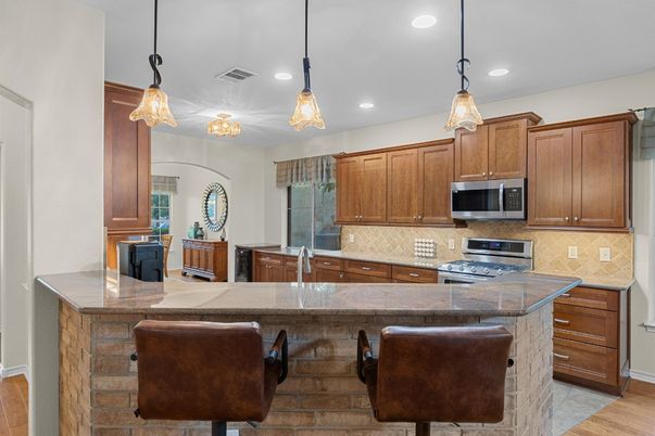 Interior, Kitchen, Pendant Lights, Recessed Lighting, Wood Texture Flooring