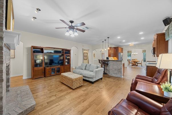 Dining room, Fireplace, Interior, Kitchen, Living room, Pendant Lights, Recessed Lighting, Wood Texture Flooring
