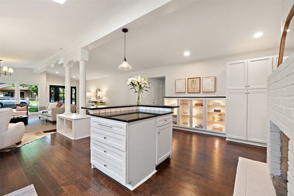 Dining room, Fireplace, Interior, Kitchen, Living room, Pendant Lights, Recessed Lighting, Wood Texture Flooring
