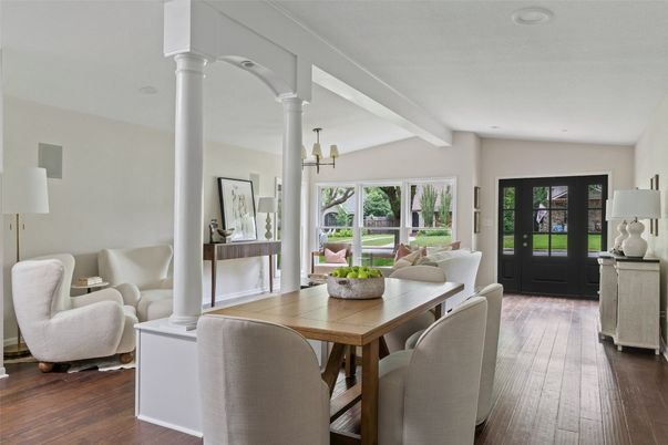 Dining room, Interior, Living room, Recessed Lighting, Wood Texture Flooring