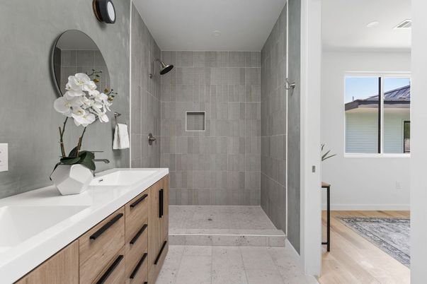 Bathroom, Dual Sink Vanities, Interior, Recessed Lighting, Wood Texture Flooring