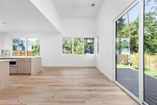 Empty room, Interior, Kitchen, Recessed Lighting, Wood Texture Flooring