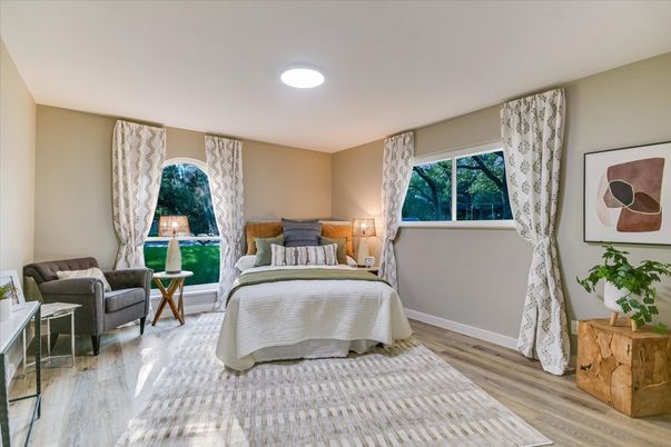 Bedroom, Interior, Recessed Lighting, Wood Texture Flooring