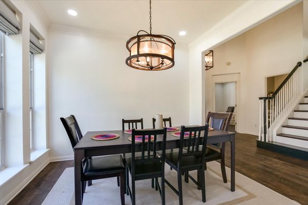 Chandelier, Dining room, Interior, Pendant Lights, Recessed Lighting, Wood Texture Flooring