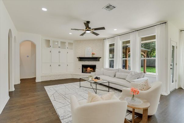 Fireplace, Interior, Living room, Recessed Lighting, Wood Texture Flooring