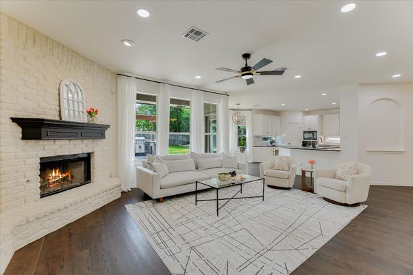 Fireplace, Interior, Kitchen, Living room, Recessed Lighting, Stone Walls, Wood Texture Flooring