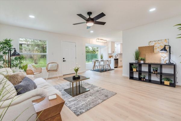 Dining room, Interior, Kitchen, Living room, Recessed Lighting, Wood Texture Flooring