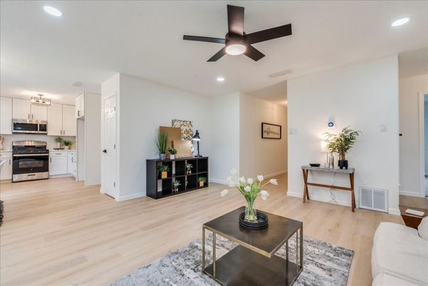 Interior, Kitchen, Living room, Recessed Lighting, Stainless Steel Appliances, Wood Texture Flooring