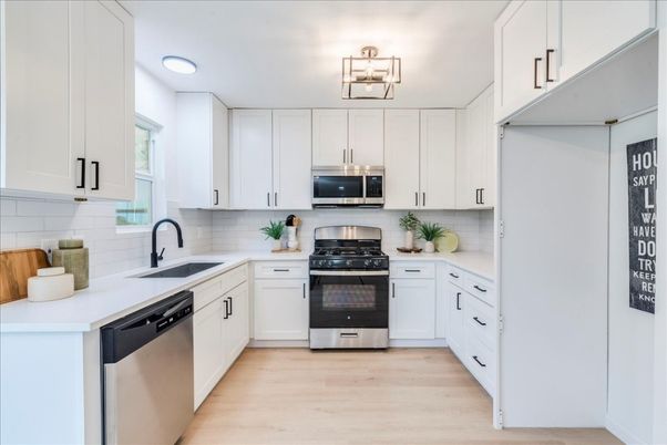 Interior, Kitchen, Recessed Lighting, Stainless Steel Appliances, Wood Texture Flooring