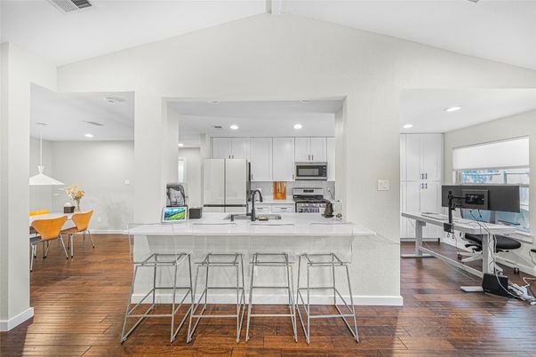Interior, Kitchen, Pendant Lights, Recessed Lighting, Stainless Steel Appliances, Wood Texture Flooring