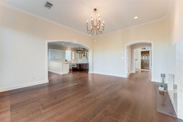 Chandelier, Empty room, Interior, Kitchen, Recessed Lighting, Wood Texture Flooring
