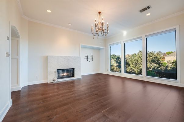 Chandelier, Empty room, Fireplace, Interior, Recessed Lighting, Wood Texture Flooring