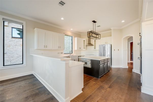 Interior, Kitchen, Pendant Lights, Recessed Lighting, Stainless Steel Appliances, Wood Texture Flooring