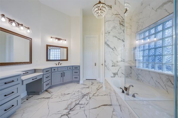 Bathroom, Chandelier, Dual Sink Vanities, Interior, Marble, Marble Walls