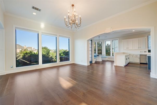 Chandelier, Empty room, Interior, Kitchen, Recessed Lighting, Wood Texture Flooring