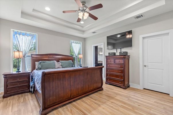 Bedroom, Interior, Recessed Lighting, Wood Texture Flooring