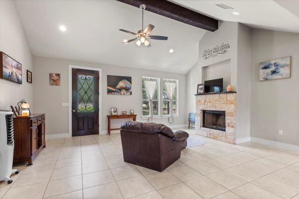 Fireplace, Interior, Living room, Recessed Lighting, Wooden Beams