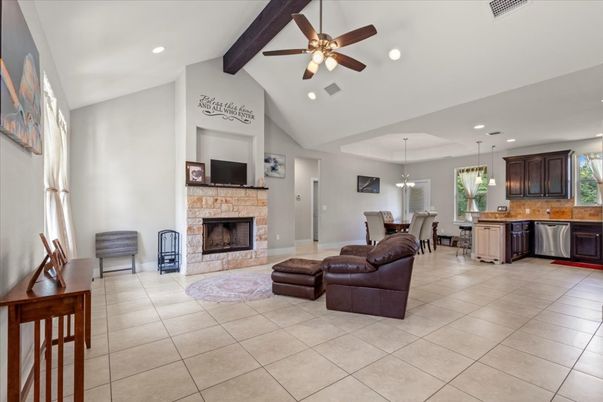 Dining room, Fireplace, Interior, Kitchen, Living room, Pendant Lights, Recessed Lighting, Wooden Beams