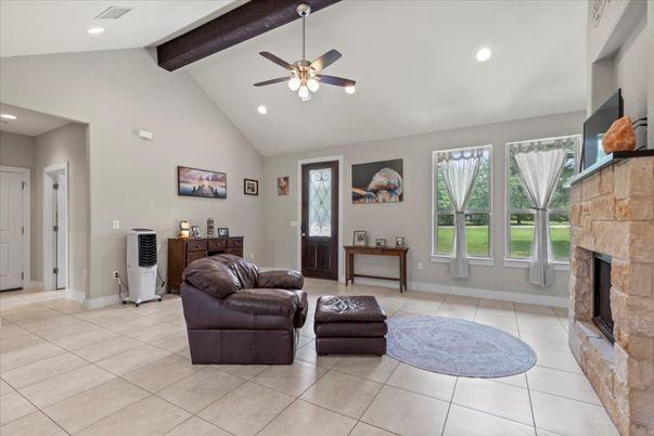 Fireplace, Interior, Recessed Lighting, Wooden Beams