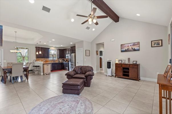 Dining room, Interior, Kitchen, Pendant Lights, Recessed Lighting, Stainless Steel Appliances, Wooden Beams