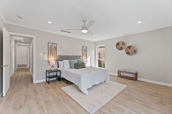 Bedroom, Interior, Recessed Lighting, Wood Texture Flooring
