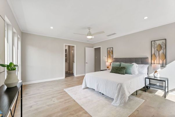 Bedroom, Interior, Recessed Lighting, Wood Texture Flooring