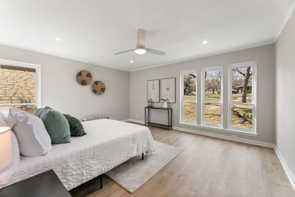 Bedroom, Interior, Recessed Lighting, Wood Texture Flooring